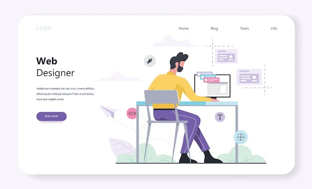 Sieć I Programowanie Szablonu Banera Poziomego Na Stronę Internetową. Responsywny Projekt Strony Internetowej. Mężczyzna Siedzący Przy Stole. Ilustracja