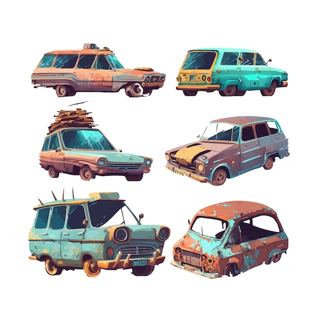 Plik wektorowy sieć zepsute stare samochody ustawione odizolowane na tle ilustracja wektora płaskiego kreskówki