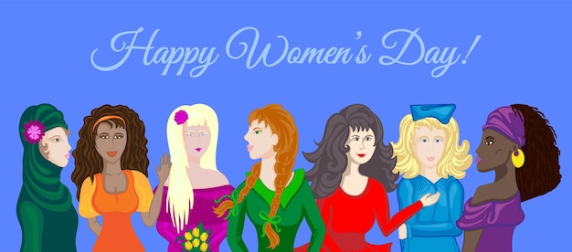 Plik wektorowy siedem kobiet różnych narodowości i kultur stojących razem przyjaźń kobiet związek feministek lub braterstwo koncepcja ruchu na rzecz wzmocnienia pozycji kobiet wieloetniczne pięknoxdxa