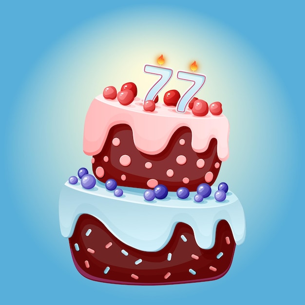 Plik wektorowy siedemdziesiąt siedem lat tort urodzinowy ze świecami numer 77 kreskówka uroczysty grafika wektorowa czekoladowe herbatniki z jagodami, czereśniami i jagodami happy birthday ilustracja dla stron