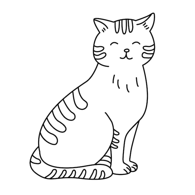 Siedzi ładny kot w stylu doodle Ręcznie rysowane ilustracji wektorowych na białym tle czarny kontur