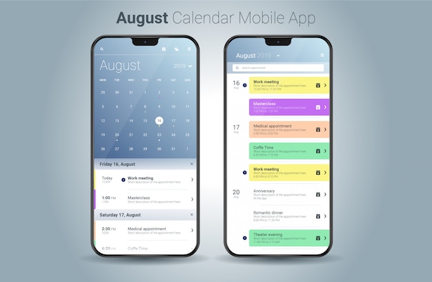 Plik wektorowy sierpniowy kalendarz aplikacji mobilnych lekki wektor interfejsu użytkownika
