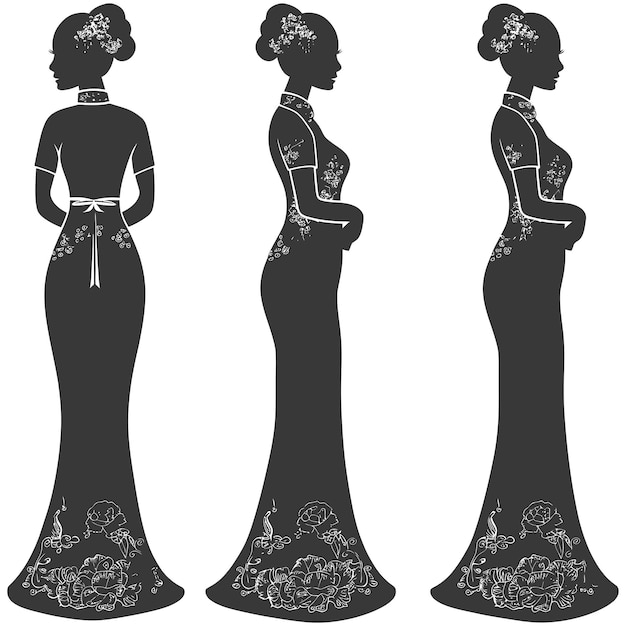 Plik wektorowy silhouette niezależne chińskie kobiety noszące cheongsam lub zansae tylko czarny kolor