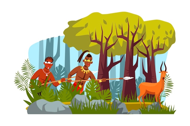 Silny plemienny wojownik z włócznią polującą na zwierzę w lesie Męskie postacie z wojenną farbą na twarzy w tradycyjnych strojach trzymających lancę w zasadzce