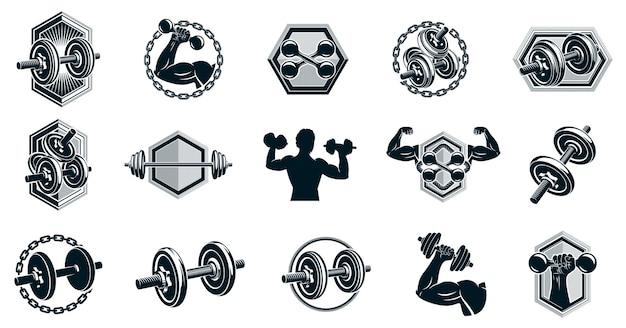 Siłownia Fitness Sport Emblematy I Logo Wektor Zestaw Na Białym Tle Ze Sztangą Hantle Kettlebells I Sylwetki Człowieka Ciała Mięśni I Rąk, Klub Sportowy Treningu Lekkoatletycznego, Aktywny Tryb życia.