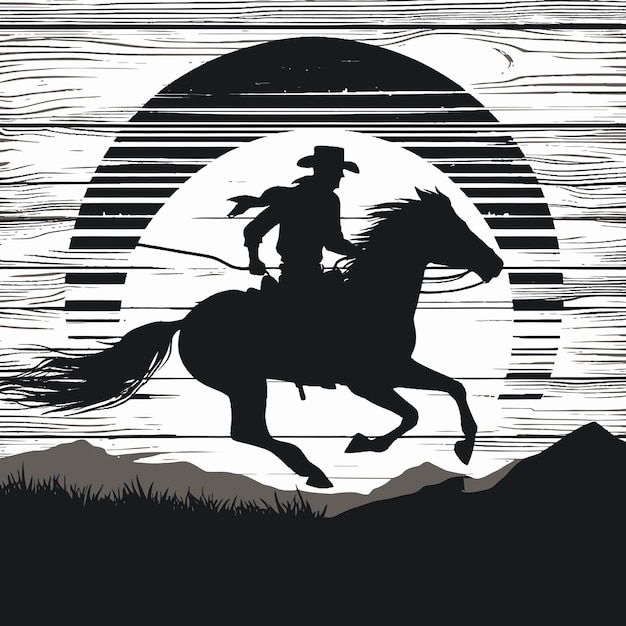 Plik wektorowy silueta kowboja jeźdzącego na dzikim koniu przy zachodzie słońca na drewnianym wektorze znaku