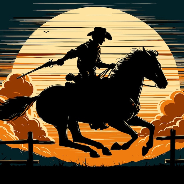 Plik wektorowy silueta kowboja jeźdzącego na dzikim koniu przy zachodzie słońca na drewnianym wektorze znaku