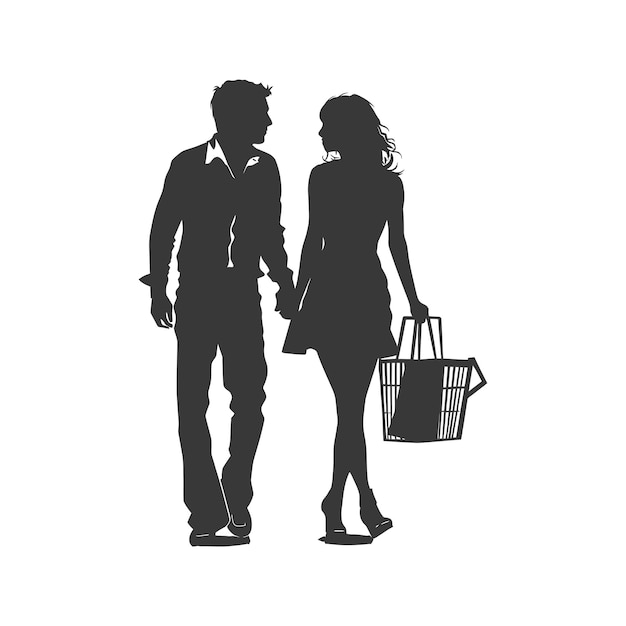 Plik wektorowy silueta mężczyzny i kobiety z koszem na zakupy pełnego ciała tylko czarny kolor