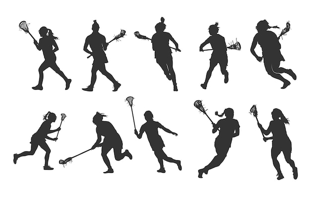 Plik wektorowy silueta zawodniczki lacrosse kobiecej silueta zawodnicy lacrosse kobiety siluety zawodniczki lacrosse