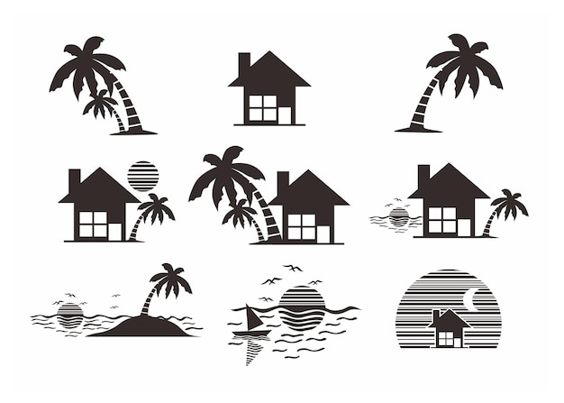 Plik wektorowy siluweta cliparta o zachodzie słońca nad morzem z domami i drzewami kokosowymi