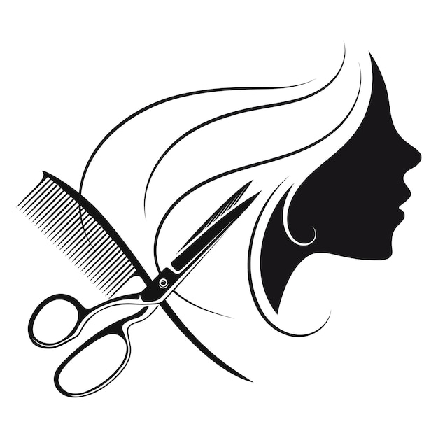 Plik wektorowy siluweta dziewczyny z pięknymi kręconymi włosami i nożyczkami do grzebienia