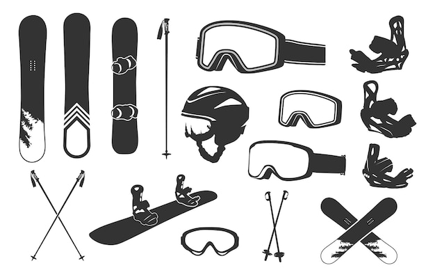 Siluweta elementów snowboardowych Elementy snowboardowe Zestaw wektorowy sprzętu snowboardowego