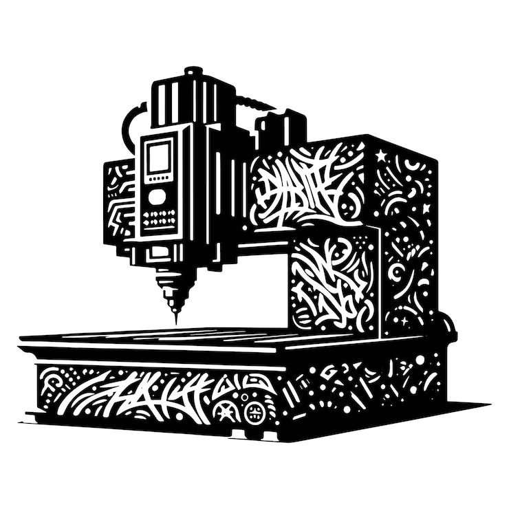 Wektor siluweta maszyny cnc pokryta znacznikami graffiti, kaligrafią uliczną, minimalistycznym logo, szablonem, wycięciem wektorowym, izolowanym białym, przemysłem lotniczym.