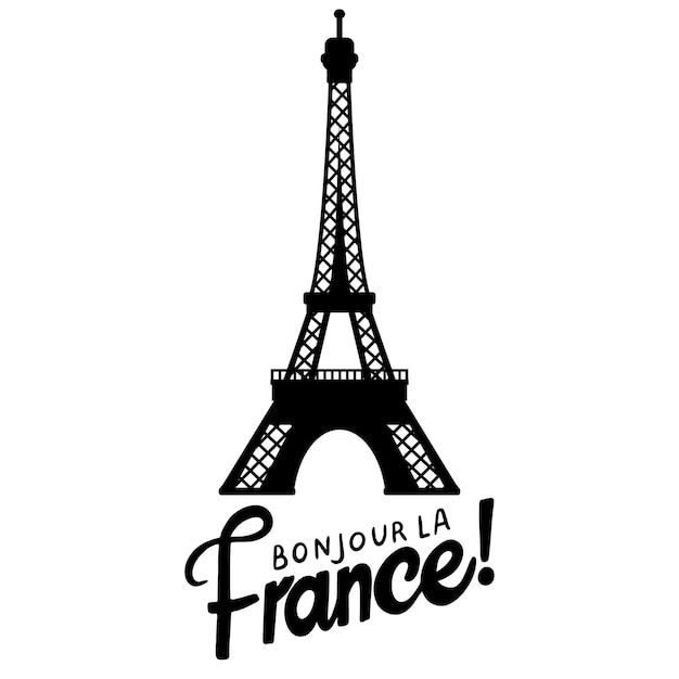 Siluweta wieży Eiffla i ręcznie napisany tekst Bonjour La France Czarny na białym