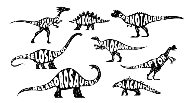 Siluwety dinozaurów z literami jaszczurki jurajskiej