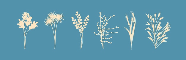 Plik wektorowy siluwety roślin bukiety różnych gałęzi zioła i kwiaty zestaw elementów projektowania wektorowego trendy minimalistyczna sztuka.