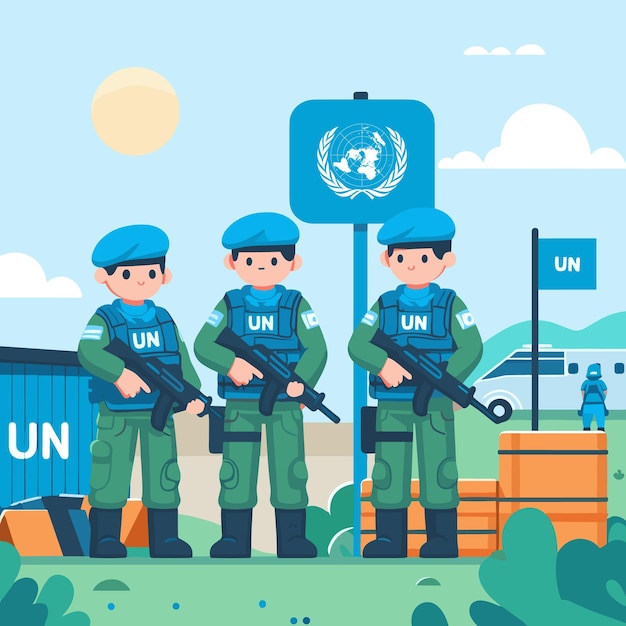 Plik wektorowy siły pokojowe organizacji narodów zjednoczonych pilnują granicy w celu utrzymania bezpieczeństwa w obszarach konfliktu