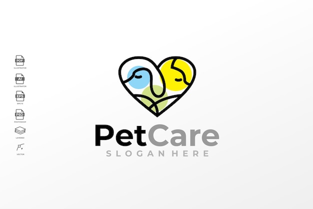 Simple Line Art Pet Care Dog Cat Logo Design Template Vector