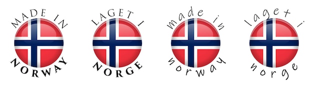 Simple Made in Norway / Laget i Norge (tłumaczenie norweskie) Znak przycisku 3D. Tekst wokół okręgu z flagą narodową. Przyzwoita i swobodna wersja czcionki.