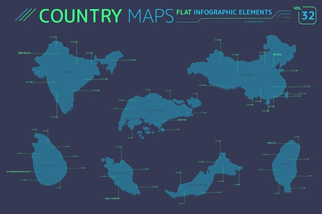 Singapur Malezja Tajwan Chiny Indie i Sri Lanka Mapy wektorowe