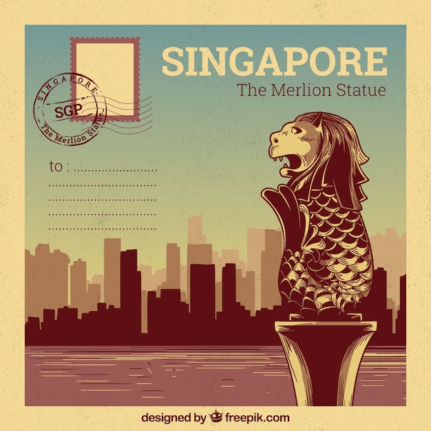 Singapur Pocztówka Szablon Z Ręcznie Rysowane Stylu