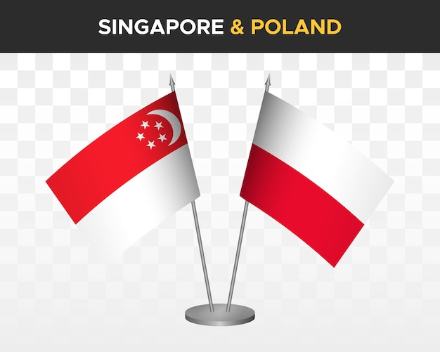 Singapur Vs Polska Flagi Biurkowe Makieta Na Białym Tle 3d Wektor Ilustracja Flagi Stołowe