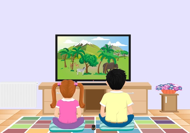 Siostry i bracia siedzą razem i oglądają telewizję.