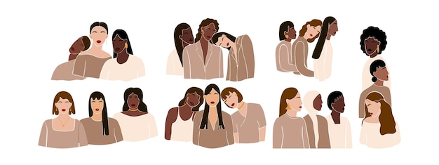 Siostrzeństwo Abstrakcyjnych Kobiet W Minimalistycznym Stylu Na Białym Tle Zestaw Portretów Różnych Kobiet Połączony Zbiór Różnorodności I Przyjaźni Nowoczesna Ilustracja Wektorowa