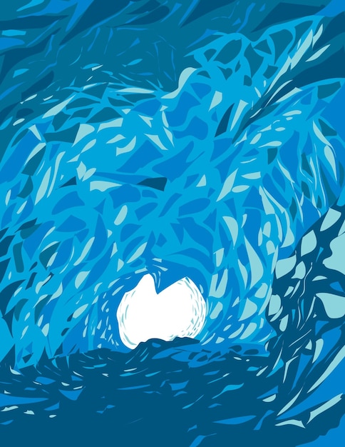 Plik wektorowy skaftafell blue ice cave w islandii wpa art deco plakat