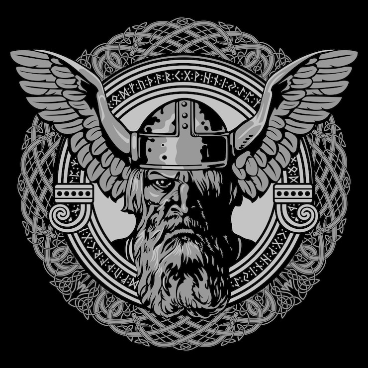 Wektor skandynawski projekt wikingów starożytny nordycki bóg odin noszący hełm z skrzydłami orła i