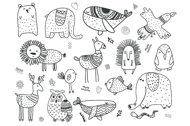 Skandynawskie Zwierzęta I Elementy Dla Dzieci Styl Skandynawski Doodle Zwierzęta Czarno-biały Zestaw Wektorowy