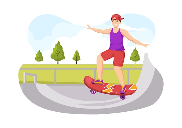 Skateboard Sport ilustracja z skateboardzistami Skocz za pomocą deski na trampolinie w skateparku