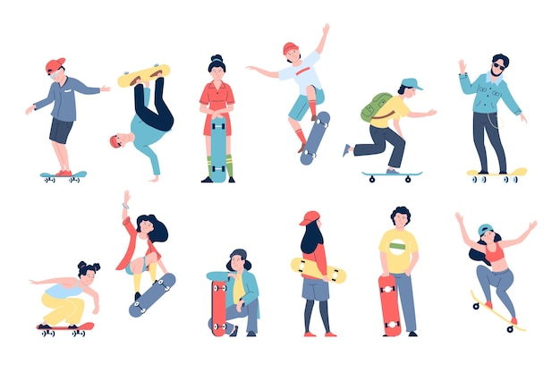 Skateboarderzy młodzi bohaterowie Nastolatki jeżdżące na deskorolkach chłopcy i dziewczęta aktywny skateboarding Nastolatki popularna aktywność sezonowa ostatni zestaw wektorów