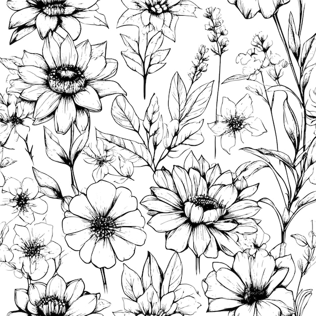 Sketch Kwiaty Wzór Ręcznie Narysowany Atrament Ilustracja Tapeta Do Projektowania Tkaniny Izolowane Na Białym