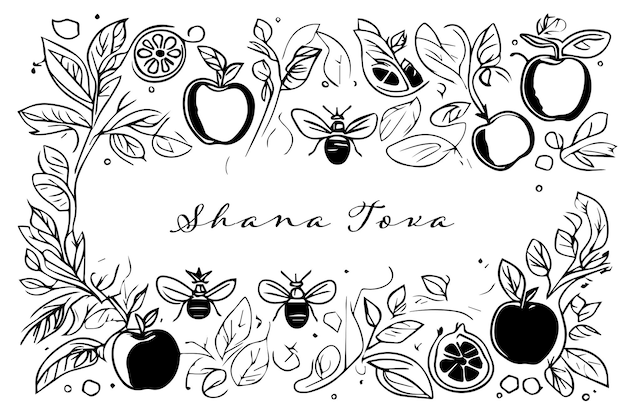 Sketch Rosh Hashanah wizytówka shana tova żydowskie święto Nowego Roku słoik miodu jabłko i