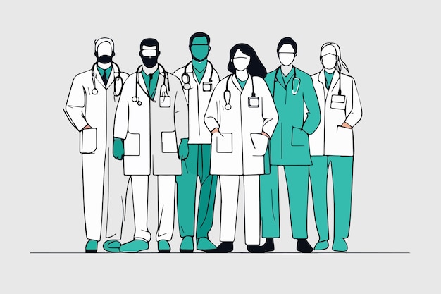 Sketch Różnorodne grupy lekarzy lub pracowników zdrowia stojących w kolejce w mundurach i maskach podczas pandemii COVID-19 w ilustracji wektorowej.