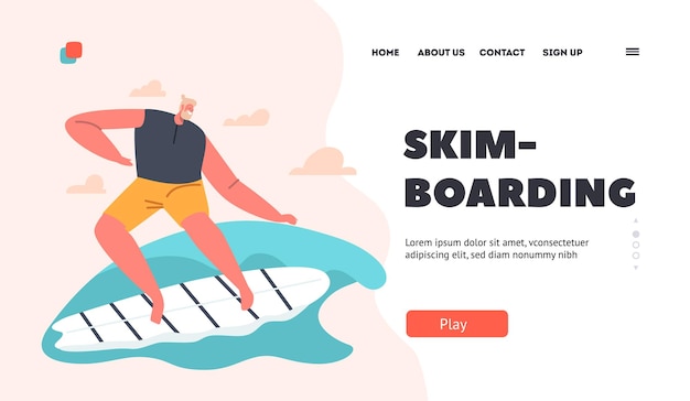 Skim Boarding Landing Page Szablon Młody Człowiek Surfer W Strój Kąpielowy Zachowaj Równowagę Na Pokładzie Jazda Na Dużym Morzu Fala Charakter Latem Aktywny Styl życia Ocean Wakacje Wypoczynek Ilustracja Kreskówka Wektor