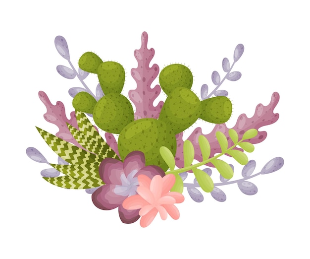 Skład Kaktusów, Pasiastych Roślin Aloesu, Zielonych I Fioletowych Ilustracja Wektorowa Na Białym Tle