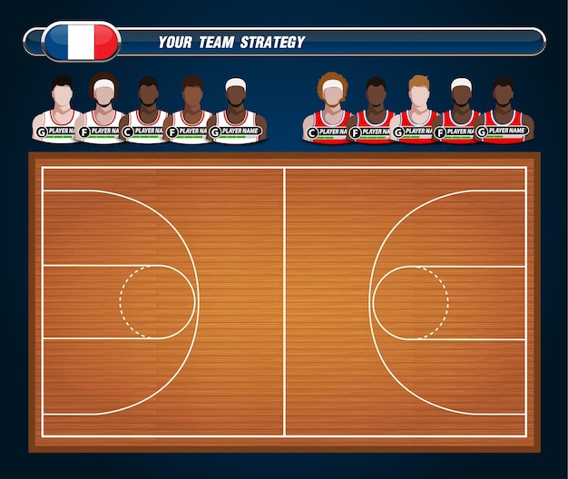 Plik wektorowy skład koszykarzy i boisko do koszykówki z zestawem elementów infografiki