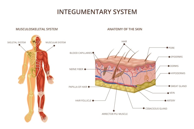 Skład Układów Narządów Ludzkiego Ciała Z Opisami Układów Powłokowych Układ Mięśniowo-szkieletowy I Anatomia Ilustracji Wektorowych Skóry