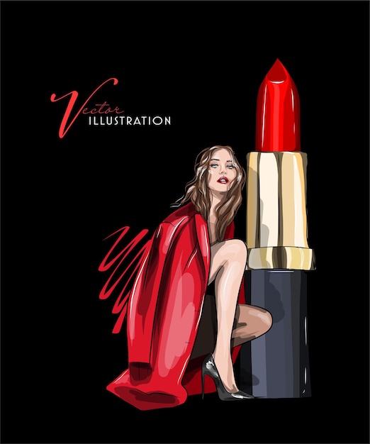 Plik wektorowy skład w stylu magazynu kobieta wizażystka trzyma czerwoną szminkę na ustach czerwonych dziewczyn