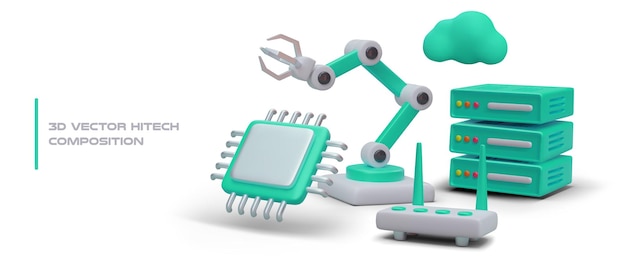 Skład wektorowy 3D zaawansowanego technologicznie manipulatora ręcznego, mikroprocesora, routera serwera w chmurze