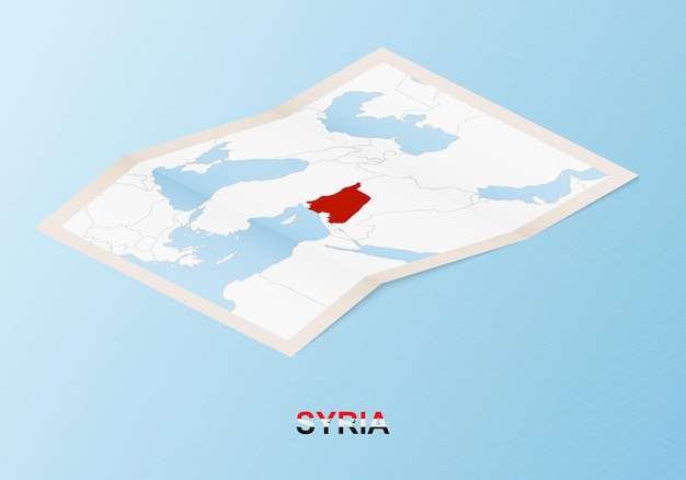 Składana papierowa mapa Syrii z sąsiednimi krajami w stylu izometrycznym.