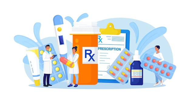 Sklep apteki internetowej. Farmaceuta w aptece stojący w pobliżu tabletek i butelek leku. Personel medyczny dobierający leki. Laboratorium medyczne, laboratorium farmaceutyczne z personelem. Opieka lekarska nad pacjentem