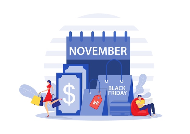 Sklep W Czarny Piątek, Ludzie Kupujący Z Super Rabatem, Usługa Sklepu Online, Ilustracja Marketingowa Zakupu Promocyjnego