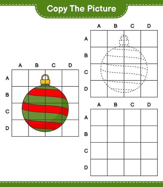 Skopiuj Obraz, Skopiuj Obraz Christmas Ball Za Pomocą Linii Siatki. Gra Edukacyjna Dla Dzieci, Arkusz Do Druku, Ilustracja Wektorowa