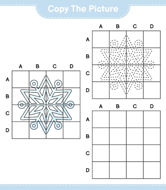 Skopiuj Obraz, Skopiuj Obraz Płatka śniegu Za Pomocą Linii Siatki. Gra Edukacyjna Dla Dzieci, Arkusz Do Druku, Ilustracja Wektorowa