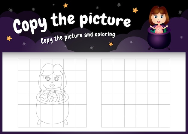 Skopiuj Obrazek Dla Dzieci I Stronę Do Kolorowania Z Uroczą Dziewczyną Używającą Kostiumu Na Halloween