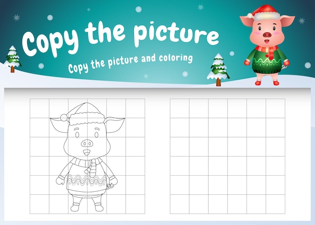 Plik wektorowy skopiuj obrazek dla dzieci i stronę do kolorowania z uroczą świnią za pomocą świątecznego kostiumu