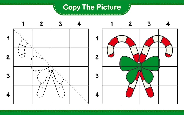 Skopiuj Obrazek, Skopiuj Obrazek Candy Canes With Ribbon Za Pomocą Linii Siatki. Gra Edukacyjna Dla Dzieci, Arkusz Do Druku